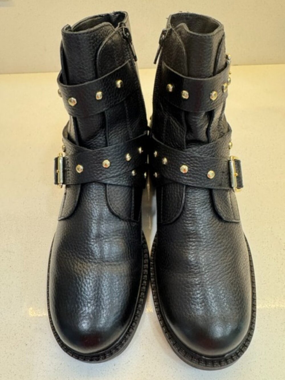 Kurt Geiger London "Stiner" black gold studded leather biker boots sz 38